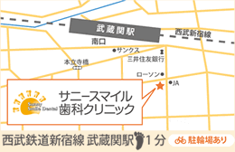 サニースマイル歯科クリニック　地図 西武鉄道新宿線　武蔵野駅徒歩1分　駐輪場あり